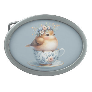 Cute Blue Bird with Floral Crown in Teacup Belt Buckle