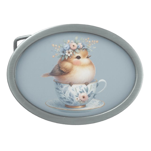 Cute Blue Bird with Floral Crown in Teacup Belt Buckle (Front)