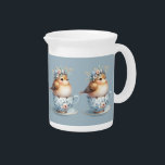 Cute Blue Bird with Floral Crown in Teacup Beverage Pitcher<br><div class="desc">This delightful artwork captures a fluffy baby bird nestled inside a delicate vintage teacup, adorned with soft blue and blush floral patterns. Perched contentedly, the bird wears a whimsical crown of pastel blossoms and greenery, radiating warmth and innocence. The composition blends a romantic tea party aesthetic with cottagecore charm, highlighted...</div>