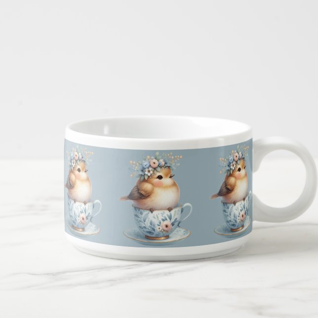 Cute Blue Bird with Floral Crown in Teacup Bowl (Left)