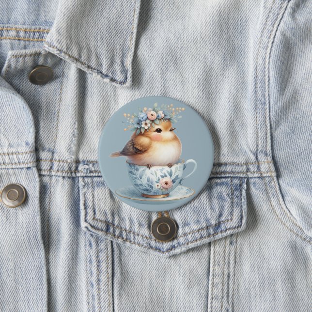 Cute Blue Bird with Floral Crown in Teacup Button (In Situ)