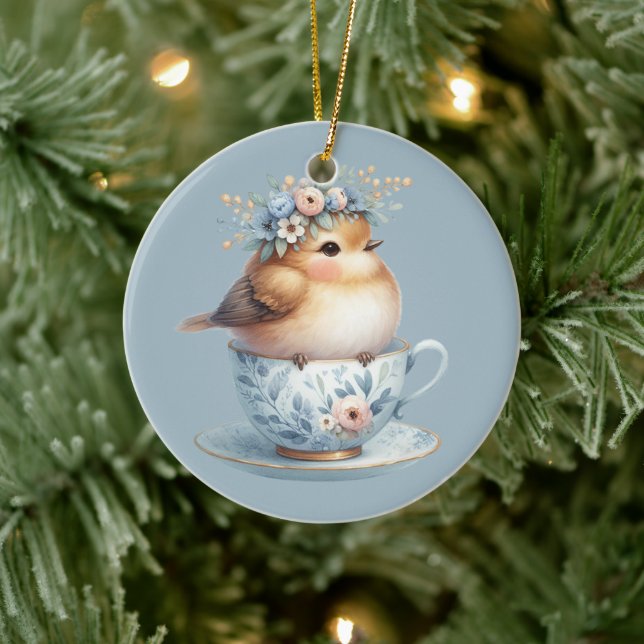 Cute Blue Bird with Floral Crown in Teacup Ceramic Ornament (Tree)