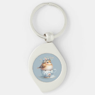 Cute Blue Bird with Floral Crown in Teacup Keychain