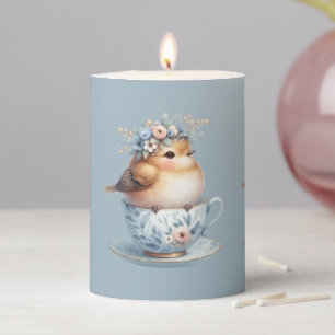 Cute Blue Bird with Floral Crown in Teacup Pillar Candle