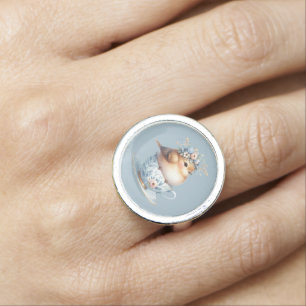 Cute Blue Bird with Floral Crown in Teacup Ring