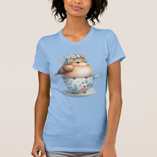 Cute Blue Bird with Floral Crown in Teacup T-Shirt (Front)