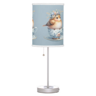 Cute Blue Bird with Floral Crown in Teacup Table Lamp