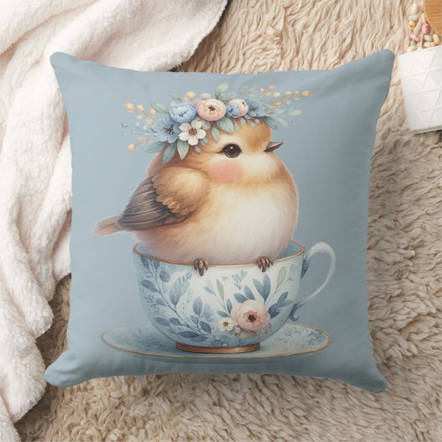 Cute Blue Bird with Floral Crown in Teacup Throw Pillow (Blanket)
