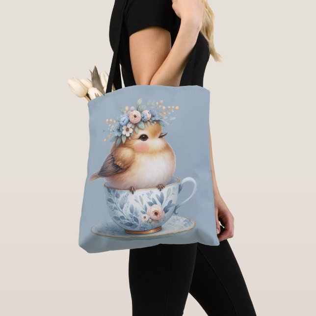 Cute Blue Bird with Floral Crown in Teacup Tote Bag (Close Up)