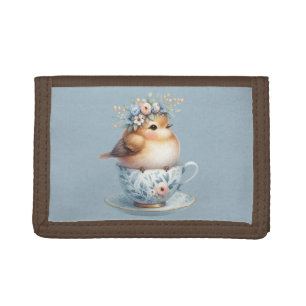 Cute Blue Bird with Floral Crown in Teacup Trifold Wallet
