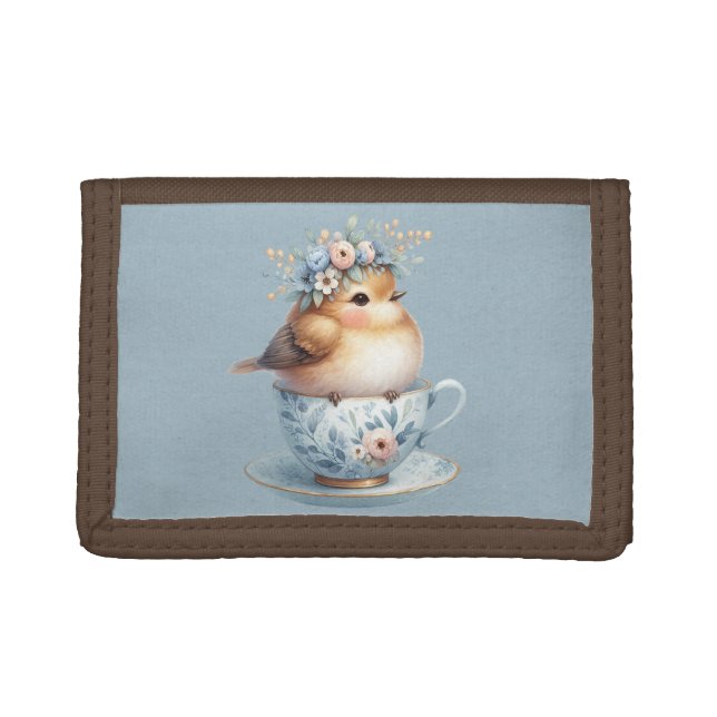 Cute Blue Bird with Floral Crown in Teacup Trifold Wallet (Front)