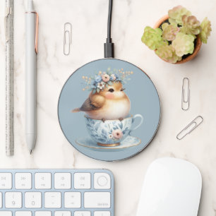 Cute Blue Bird with Floral Crown in Teacup Wireless Charger