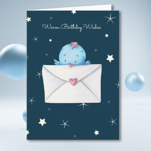 Cute Blue Bird with Letter Personalized Birthday Card