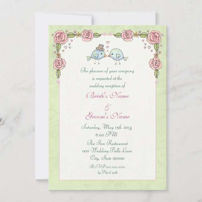 Cute Blue Birds and Roses Wedding Reception Invitation (Front)