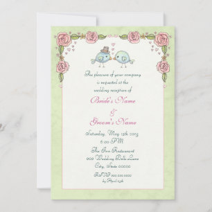 Cute Blue Birds and Roses Wedding Reception Invitation