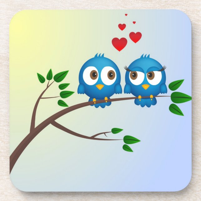 Cute blue birds in love cartoon beverage coaster (Front)