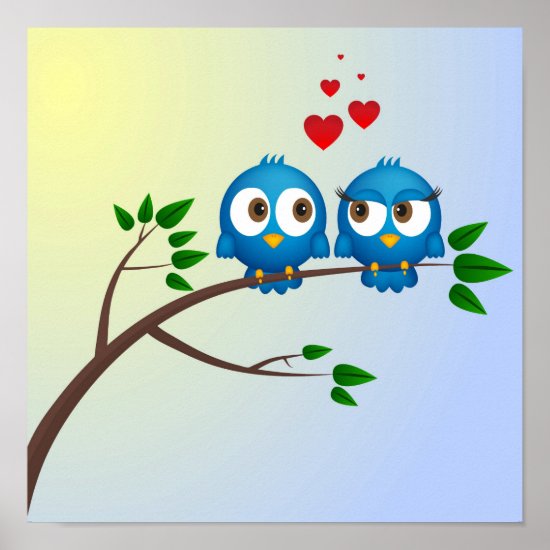 Cute blue birds in love cartoon poster