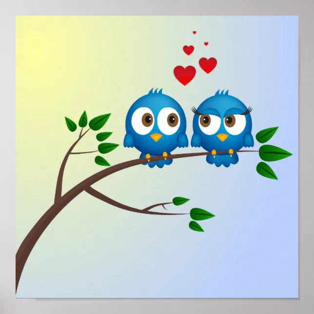 Cute blue birds in love cartoon poster Zazzle