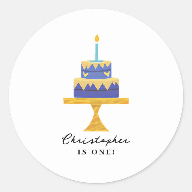 Cute Blue Birthday Cake Personalized Name  Classic Round Sticker (Front)