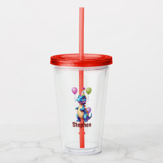 Cute blue birthday dinosaur acrylic tumbler