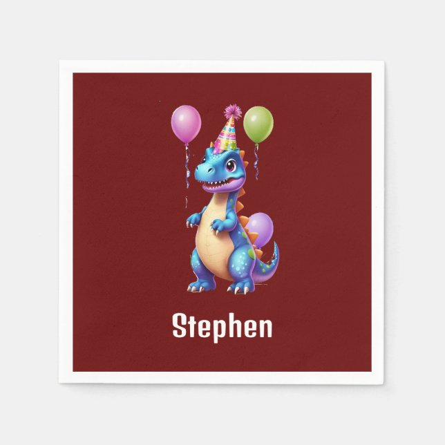 Cute blue birthday dinosaur napkins (Front)