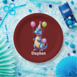 Cute blue birthday dinosaur paper plates