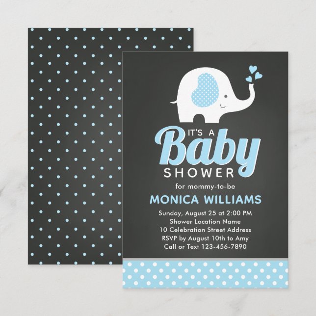 Cute Blue Black Chalkboard Elephant Baby Shower Invitation (Front/Back)