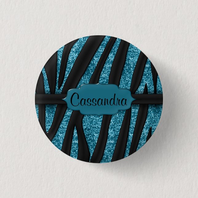 Cute Blue Black Glittery Zebra Striped Print Button (Front)