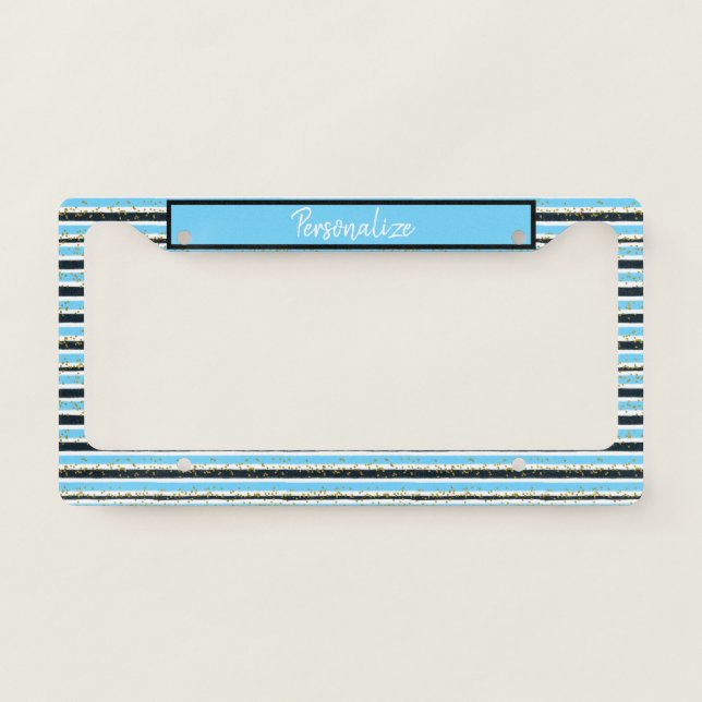 Cute Blue Black Stripes Gold Glitter Personalized License Plate Frame (Front)