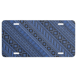 Cute blue black Ukrainian ornament stripes License Plate