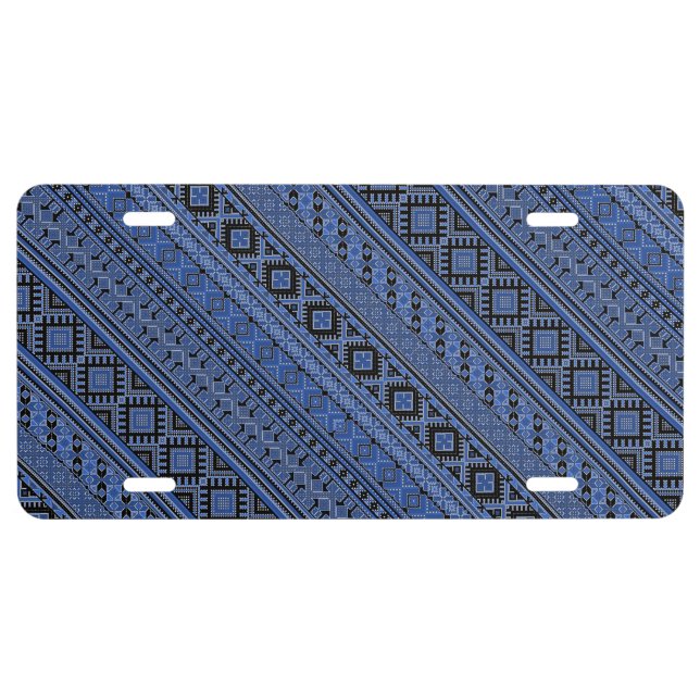 Cute blue black Ukrainian ornament stripes License Plate (Front)