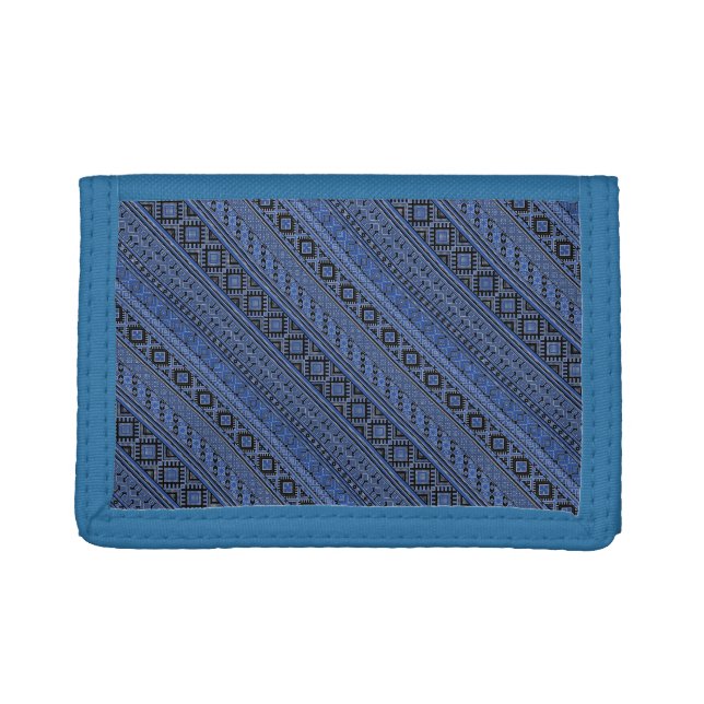 Cute blue black Ukrainian ornament stripes Tri-fold Wallet (Front)