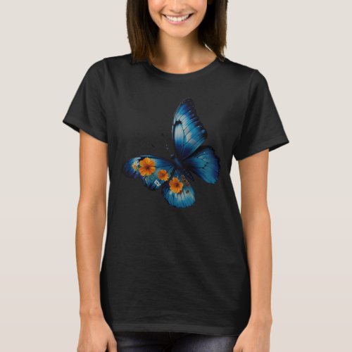 Cute Blue Blossom Floral Butterfly T_Shirt