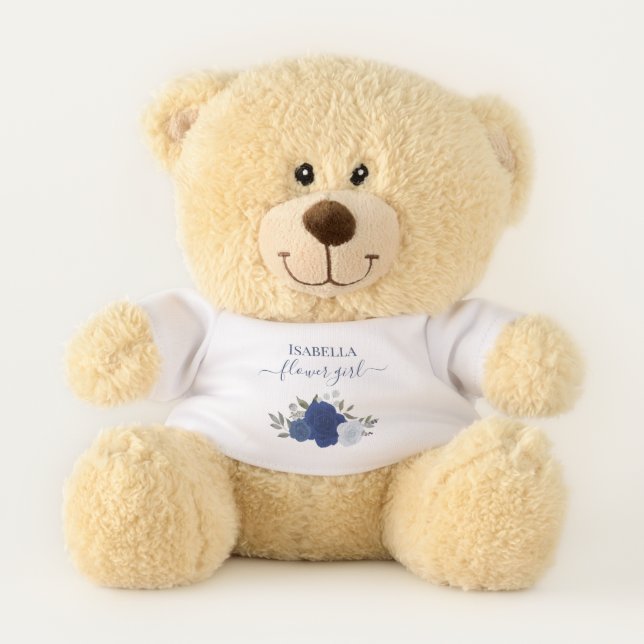 Cute Blue Boho Roses Flower Girl Wedding Favor Teddy Bear (Front)