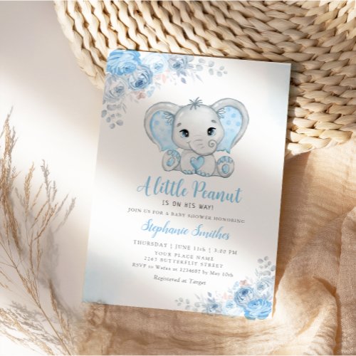 Cute Blue Boho Watercolor Elephant Boy Baby Shower Invitation