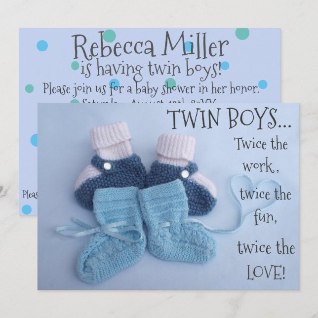 Cute blue booties boy twins baby shower invite (Front/Back)