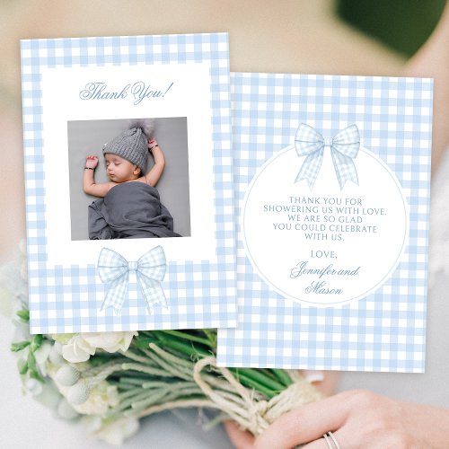 Cute blue bow baby shower photo thank you cards