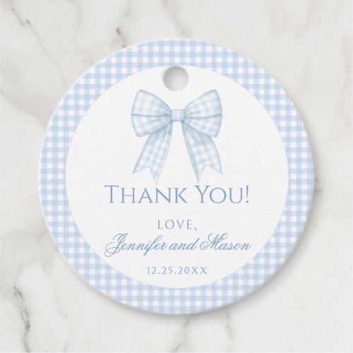 Cute blue bow baby shower round thank you favor tags