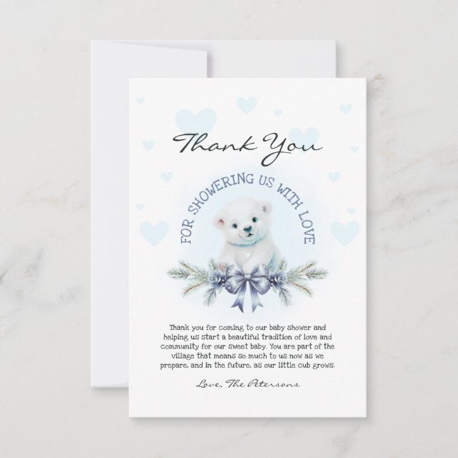 Cute Blue Bow Bear Cub Boy Winter Baby Shower Thank You Card (Front)