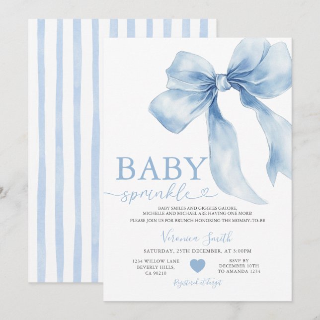 Cute Blue Bow Coquette Baby Sprinkle Baby Shower Invitation (Front/Back)