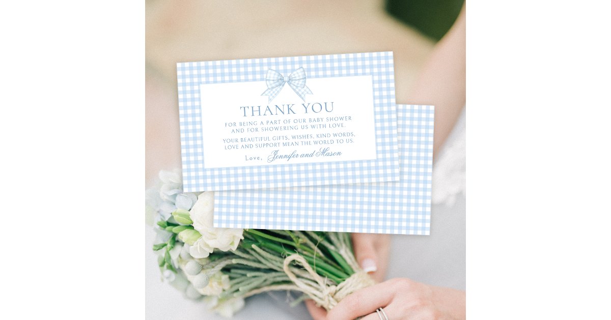Cute blue bow gingham baby boy shower thank you enclosure card | Zazzle