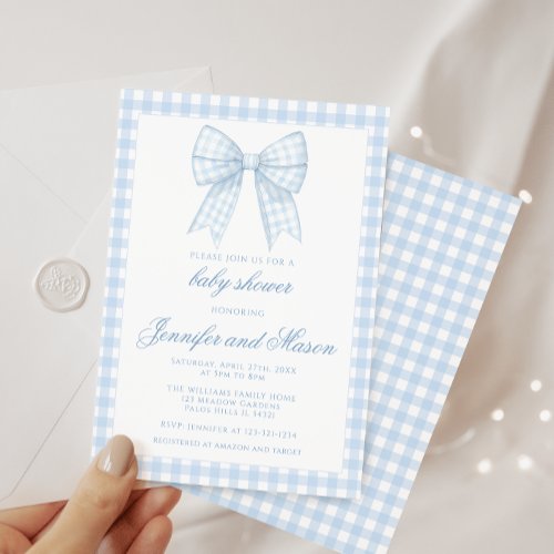 Cute blue bow ribbon baby boy shower invitation