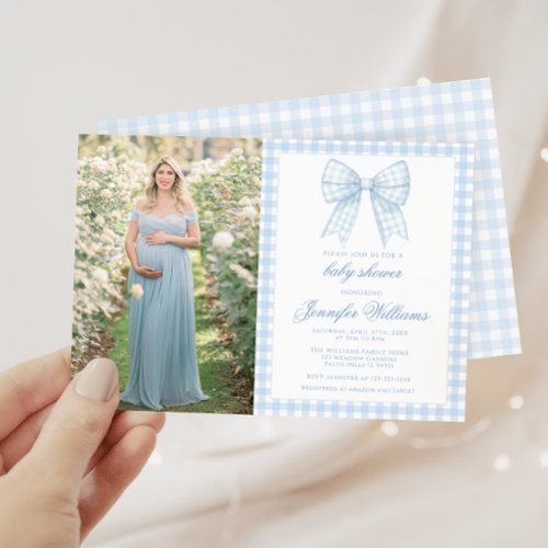 Cute blue bow ribbon baby boy shower photo invitation