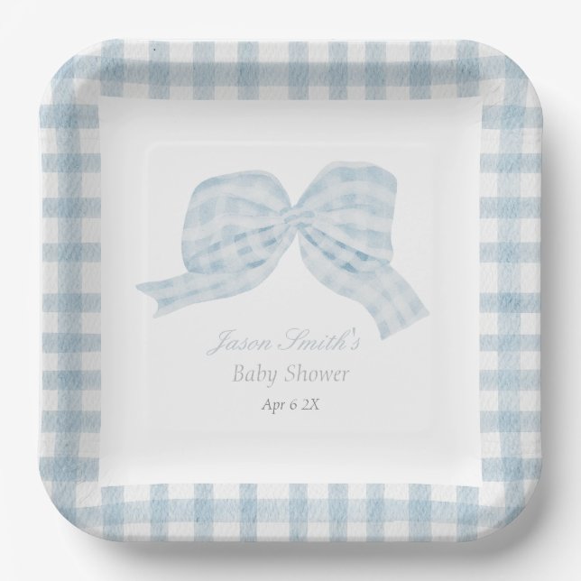 Cute blue bow ribbon baby shower  paper plates (Front)