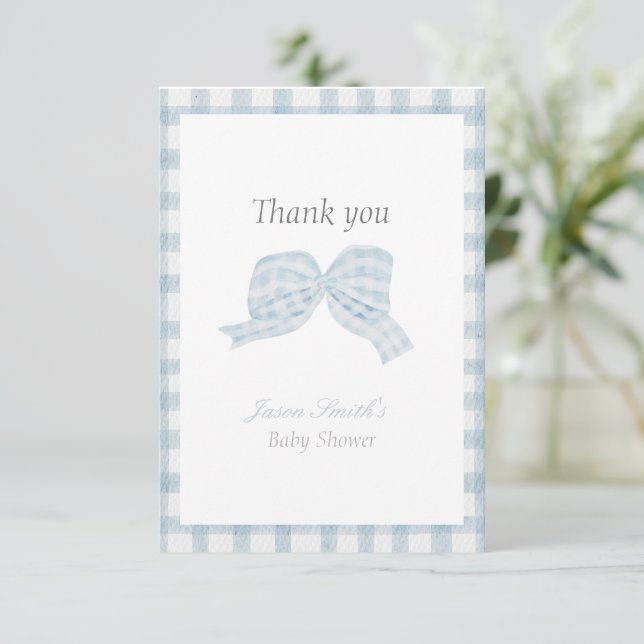 Cute blue bow ribbon baby shower  thank you card (Standing Front)