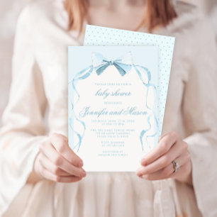 Cute blue bow ribbon boho baby boy shower invitation