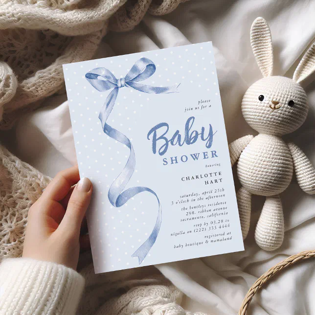 Cute Blue Bow Ribbon Boy Baby Shower Invitation | Zazzle
