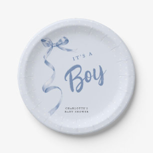 Cute Blue Bow Ribbon Boy Baby Shower Paper Plates