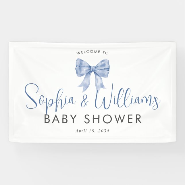 Cute Blue Bow Ribbon Boy Baby Shower Welcome Banner (Horizontal)