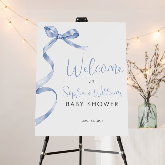 Cute Blue Bow Ribbon Boy Baby Shower Welcome Sign (In Situ (Stand))